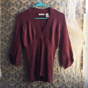 DKNY Brick Red Babydoll Textured Empire Waist V neck Sweater Tulip Sleeve Y2K